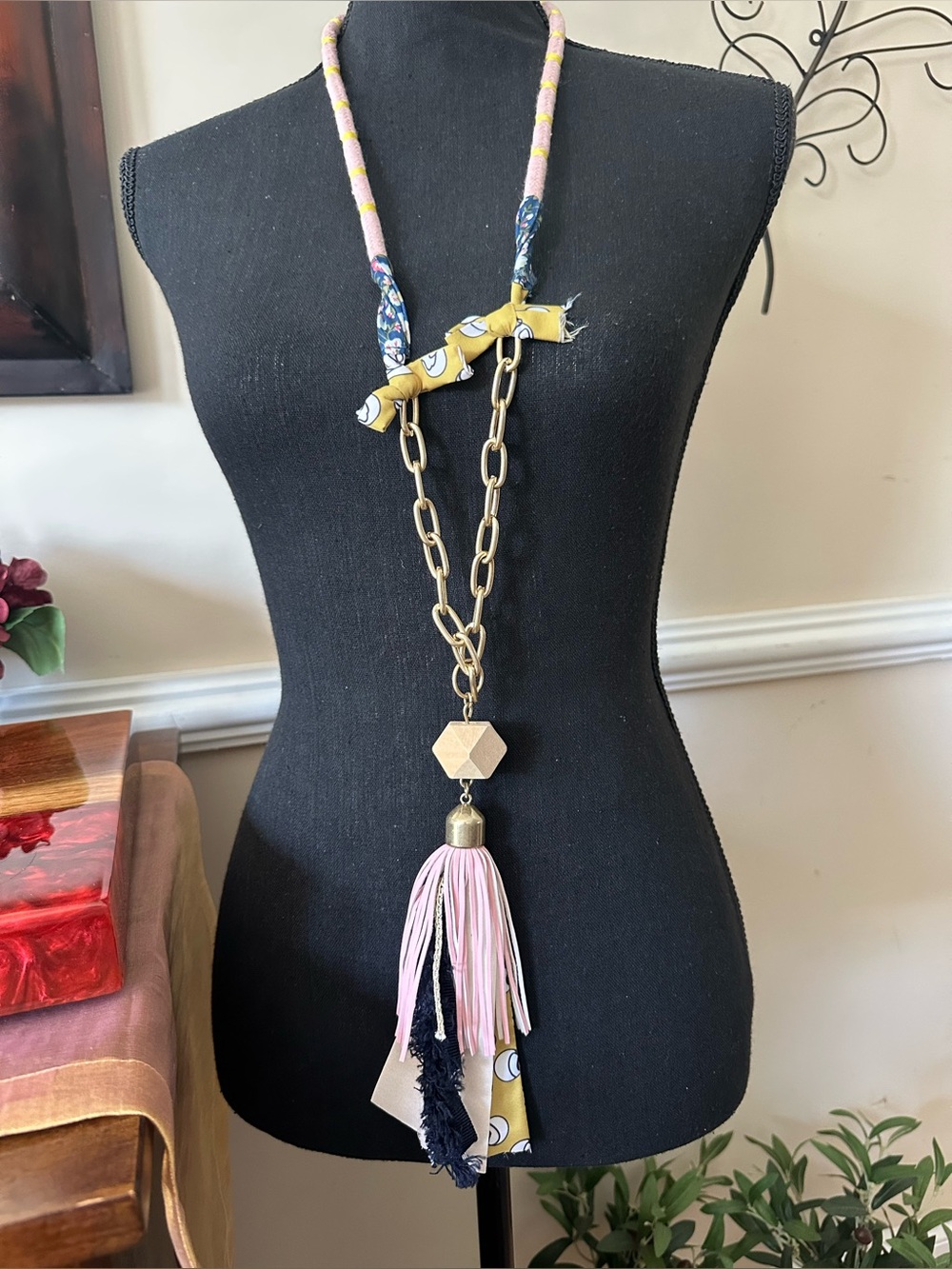 Plunder Design Boho Fabric Cord & Brass Chain Pink Tassel Statement Necklace NIB